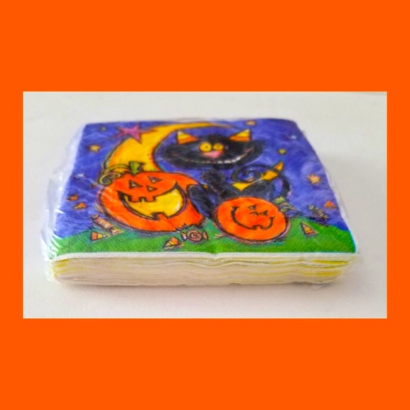 VTG 90s Halloween Black Cat Jack-o-Lantern Cocktail Party Napkins 24 Count NIP - Picture 3 of 6